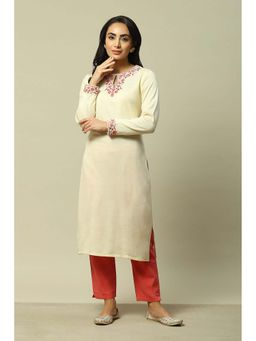 Rangriti - Women White Acrylic Straight Solid Kurta