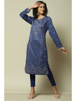 Rangriti - Women Blue Acrylic Straight Printed Kurta