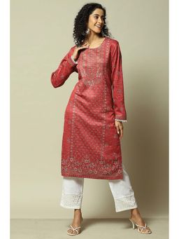 Rangriti - Women Red Acrylic Straight Printed Kurta