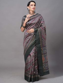 Akhilam - Women Linen Blend Black Digital Print Designer Saree with Unstitched Blouse