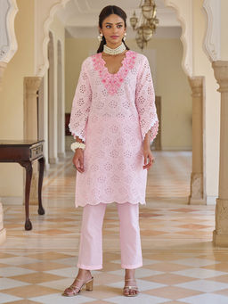 Heeposh - Pink Embroidered Neck Schiffli Kurta with Pant (Set of 2)