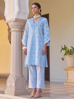 Heeposh - Blue Embroidered Neck Schiffli Kurta with Pant (Set of 2)