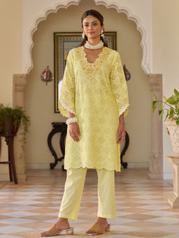 Heeposh - Yellow Embroidered Neck Schiffli Kurta with Pant (Set of 2)