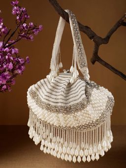 Anekaant - Women Opal Thread Pearl White And Silver Pearl Embellished Velvet Clutch