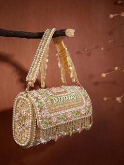 Anekaant - Women Blush And Bead Beige And Pastel Multi Accent Beads Embellished Velvet Clutch