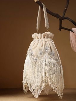 Anekaant - Women Dewdrop Fringe Ecru And Ivory Floral Zari Embroidered Velvet Potli Bag