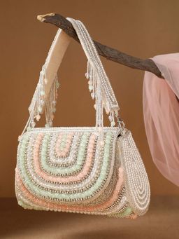 Anekaant - Women Blush And Bead Silver And Pastel Multi Crystal Layered Velvet Clutch