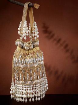Anekaant - Women Dewdrop Fringe Camel Brown And Pearl White Ornate Embellished Velvet Potli Bag