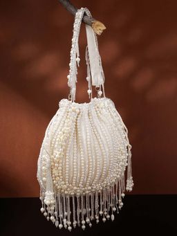 Anekaant - Women Opal Thread Crystal White Pearl Beaded Faux Silk Potli Bag