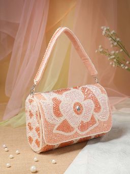 Anekaant - Women Blush And Bead Pink And Pearl White Floral Crystal Beaded Velvet Clutch