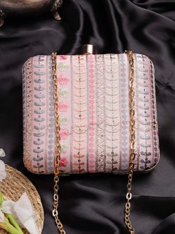 Anekaant - Woven Reverie Pink Faux Silk Floral Embroidered Clutch with Detachable Chain