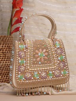 Anekaant - Blush and Bead Gold Satin Concentric Beadwork Embellished Clutch