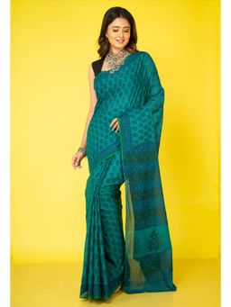 Unnati Silks - Green Pure Block Printed Superfine Mulmul Cotton Saree with Unstitched Blouse
