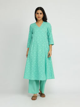 Pink Fort - Cotton Green Jacquard Angarkha Kurta with Pant (Set of 2)