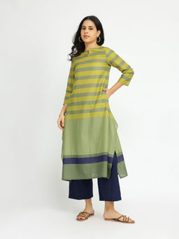 Pink Fort - Cotton Green Striped A-Line Kurta with Pant (Set of 2)