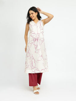 Pink Fort - Cotton Off White and Red Floral Print Kurta with Pant (Set of 2)