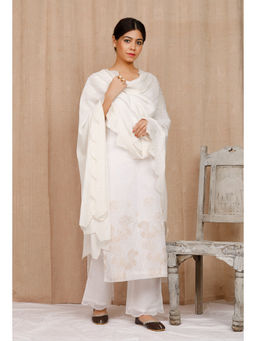 Tjori - White Organdy Embroidered Kurta with Palazzo (Set of 2)