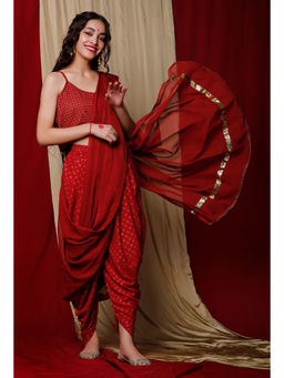 Tjori - Maroon Gota with Block Printed Rayon Top with Dhoti and Saree Drape (Set of 3)