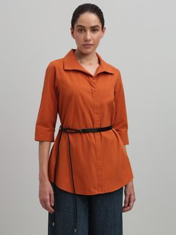 VERO MODA - Orange Solid Collar Neck Shirt With Belt