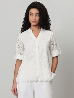 VERO MODA - White Embroidered Mandarin Neck Shirt