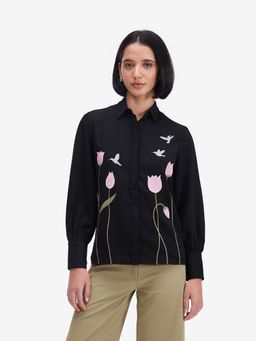 Strong And Brave - Black Embroidered Collar Neck Shirt