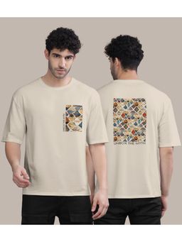 BULLMER - Cream Front and Back Printed Colourblock Baggy Oversized T-Shirt for Men