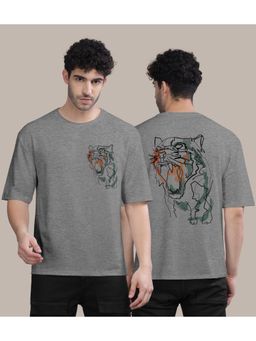 BULLMER - Grey Front and Back Printed Colourblock Baggy Oversized T-Shirt for Men