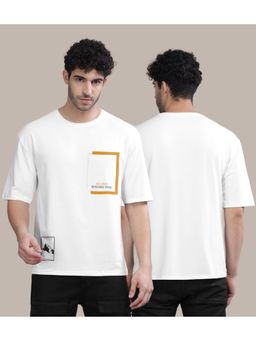 BULLMER - White Melange Front Printed Colourblock Baggy Oversized T-Shirt for Men