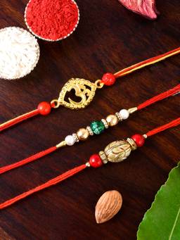 Shoshaa - Gold and Red Beads Om Shaped Bhai Rakhi with Roli Chawal (Set of 4)