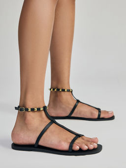 Twenty Dresses by Nykaa Fashion - Black Strappy Square Toe Studded Gladiator Flats For Women