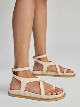 Twenty Dresses by Nykaa Fashion - Beige Cross Strap Toe Post Slider Flat Sandals for Women
