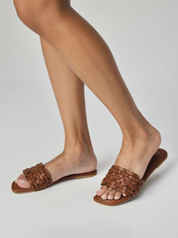 Twenty Dresses by Nykaa Fashion - Tan Woven Slip On Square Toe Flats For Women