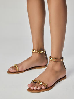 Twenty Dresses by Nykaa Fashion - Tan Studded Round Toe Flat Ankle Strap Sandals For Women