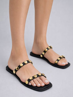 Twenty Dresses by Nykaa Fashion - Black Double Strap Studded Square Toe Flats For Women