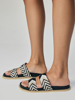 Twenty Dresses by Nykaa Fashion - Black Woven Double Strap Round Toe Slider Flats For Women