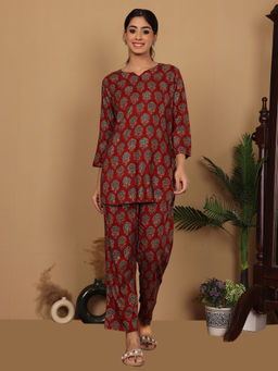 Varanga - Women Maroon Floral Foil Printed Co-Ord (Set of 2)