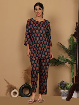 Varanga - Women Blue Floral Foil Printed Co-Ord (Set of 2)