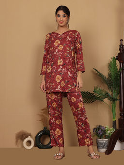 Varanga - Women Wine Floral Foil Printed Co-Ord (Set of 2)