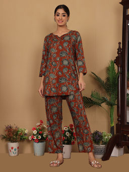 Varanga - Women Rust Floral Foil Printed Co-Ord (Set of 2)