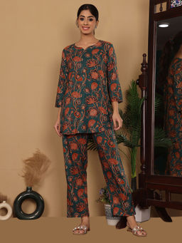 Varanga - Women Teal Floral Foil Printed Co-Ord (Set of 2)