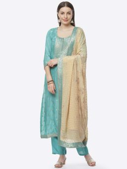Biba - Teal Silk Unstitched Suit Set (Set of 3)