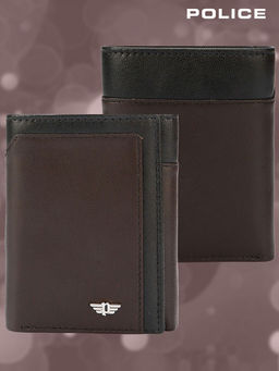 Police - Mens Brown & Black Genuine Leather Tri Fold Coin Wallet