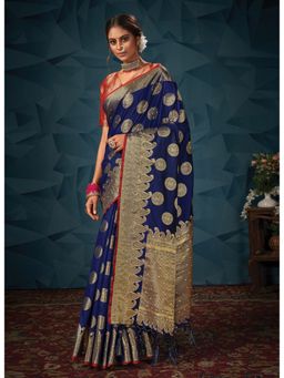 Sangam Prints - Navy Blue Silk Swaroski Stone Work Traditional Tassel Saree with Unstitched Blouse