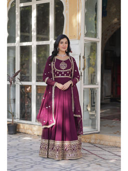 JATRIQQ - Wine Faux Blooming Georgette with Rich Sequins Embroidered Work Gown with Dupatta