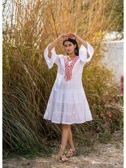 KAFTANIZE - White Schiffli Embroidered Cotton Tiered Knee Length Dress