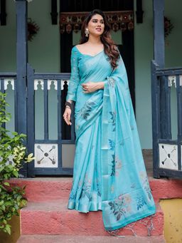 ALMAARI FASHION - Women Handloom Linen Cotton Floral Printed Casual Saree with Tassels