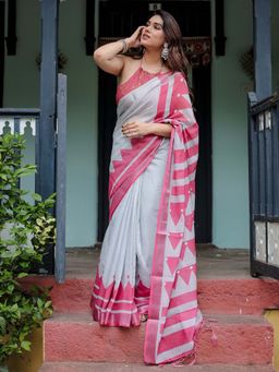 ALMAARI FASHION - Women Linen Cotton Floral Printed Saree with Tassel Border