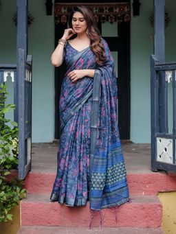 ALMAARI FASHION - Women Handloom Linen Cotton Floral Printed Saree with Tassel Pallu