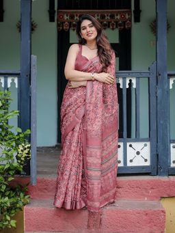 ALMAARI FASHION - Women Handloom Linen Cotton Flore Print Saree with Tassel Pallu