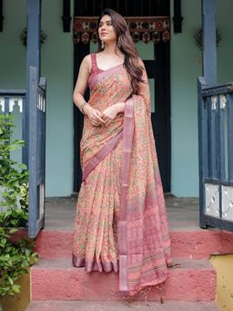 ALMAARI FASHION - Women Handloom Style Floral Linen Cotton Saree with Tassel Pallu